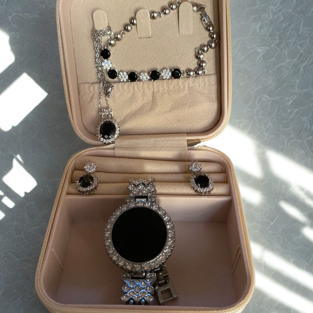 Silver Black Crystal LED Watch & Jewellery Gift Set for Women