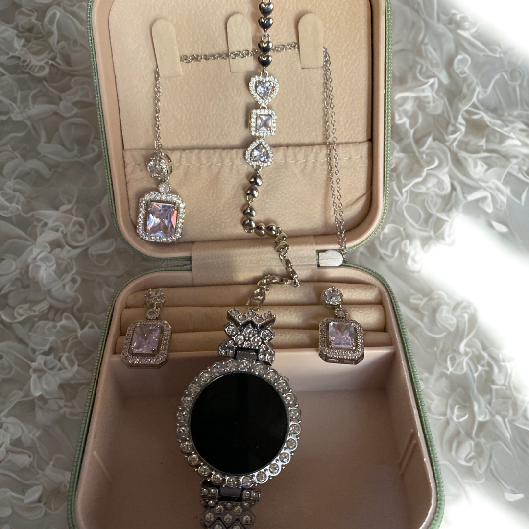 Gold Pink Crystal LED Watch & Jewellery Gift Set in box