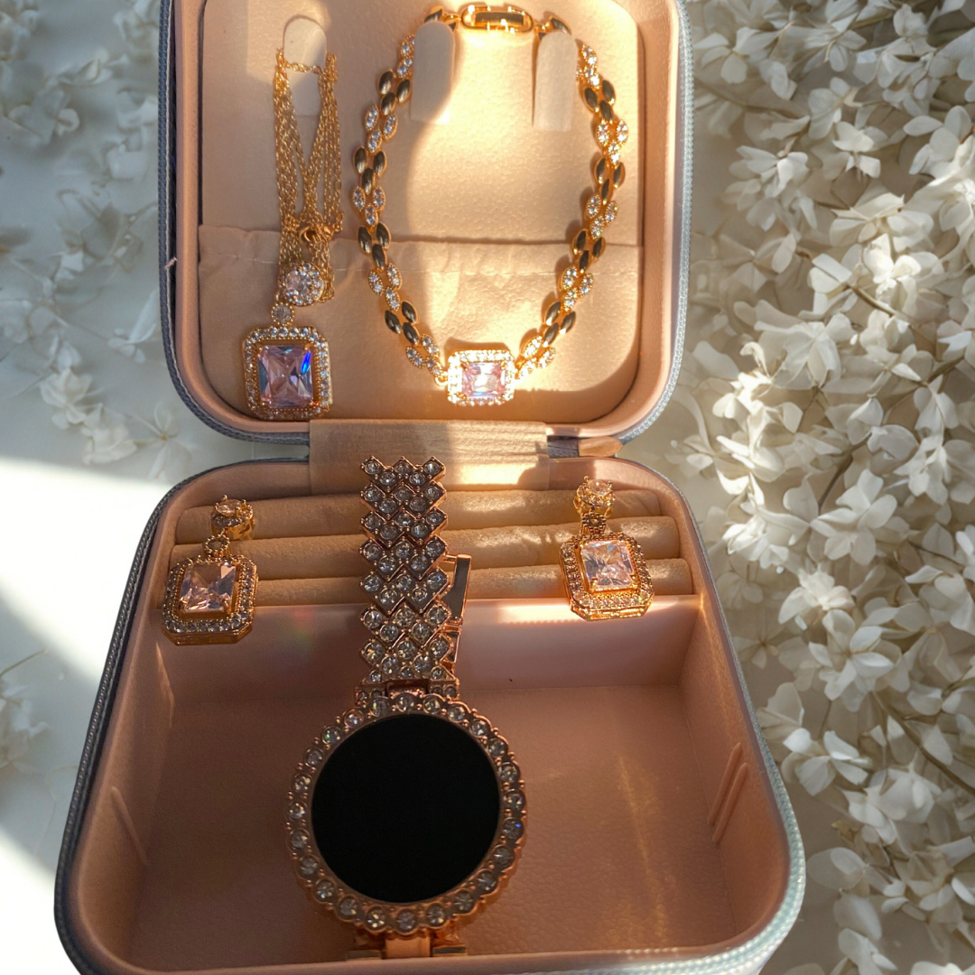Gold Pink Crystal Jewellery Set - Box View 3