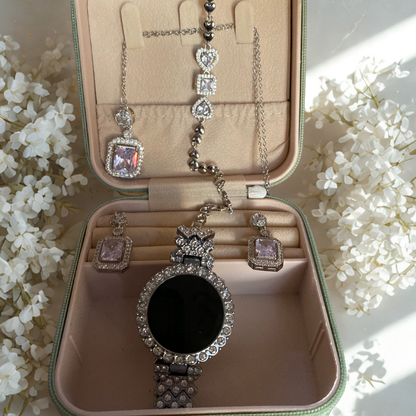 Silver Black Crystal LED Watch & Jewellery Gift Set for Women