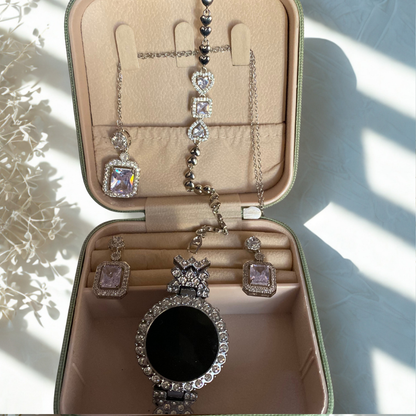 Silver Black Crystal LED Watch & Jewellery Gift Set for Women
