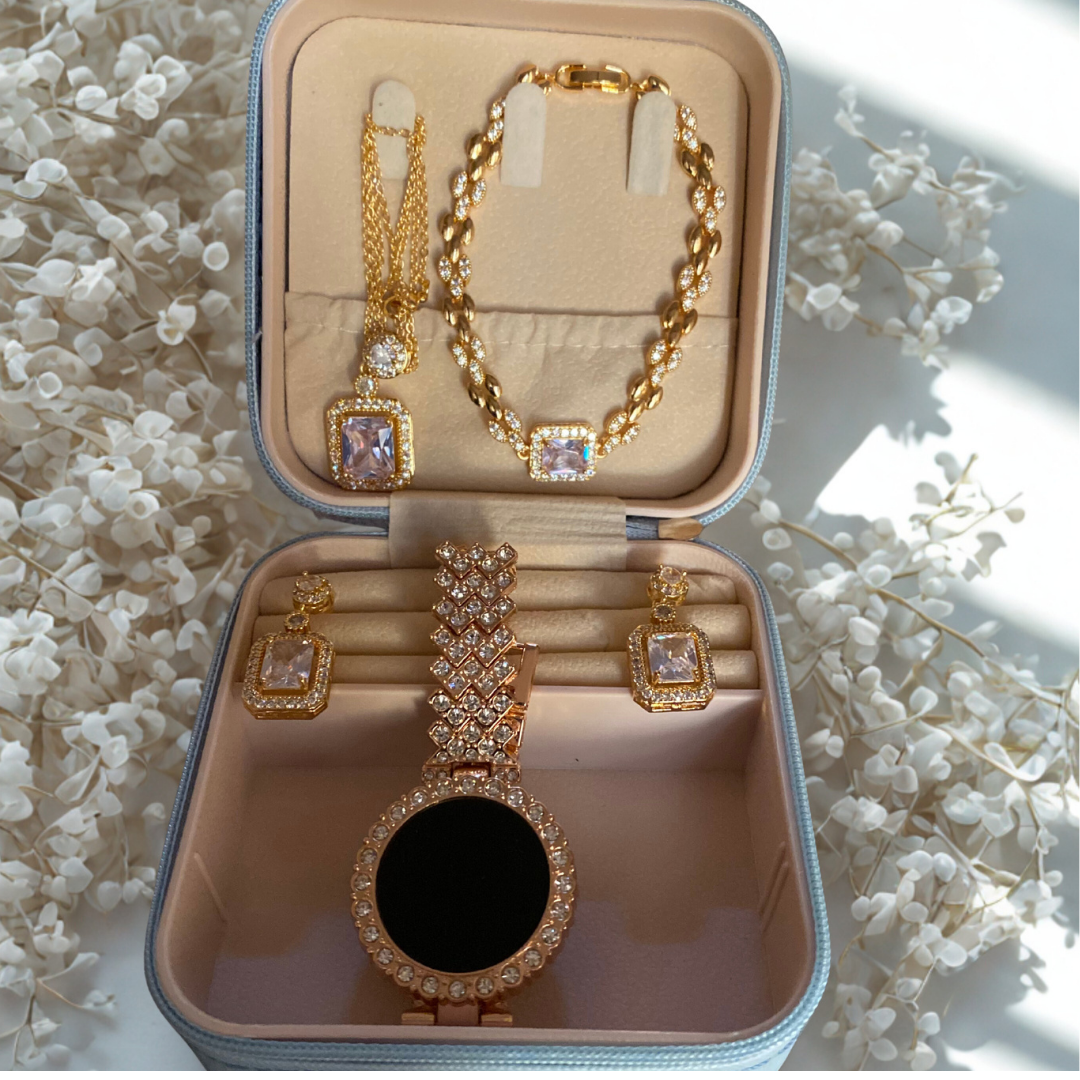 Silver Black Crystal LED Watch & Jewellery Gift Set for Women