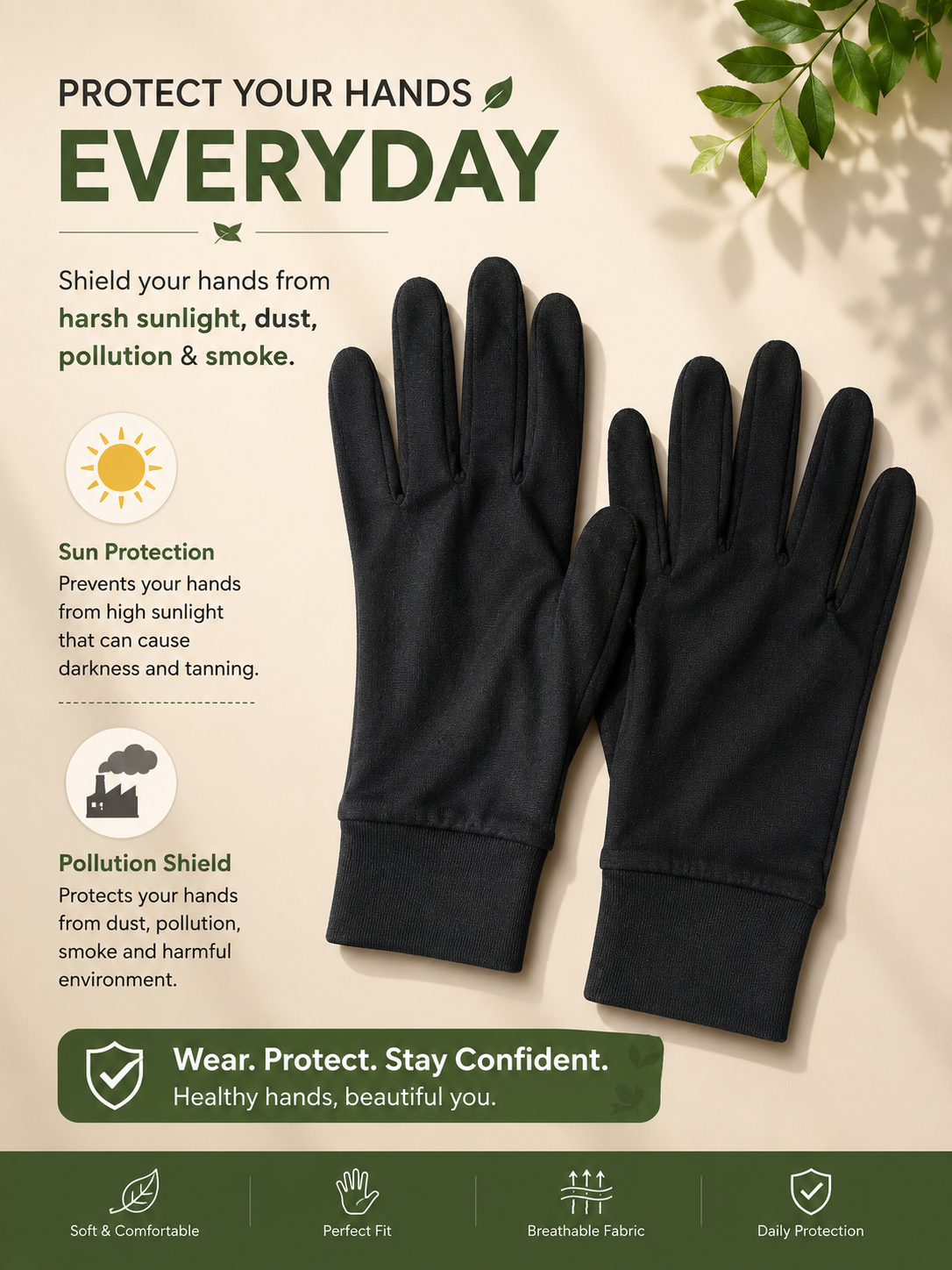 Sun Protection Gloves – Anti-Tanning, Dust & UV Shield | Free Size | Black & White