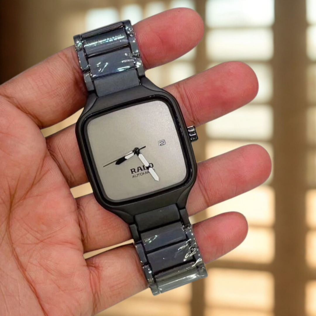 Rado Automatic Square Dial Watch – Premium Unisex Luxury Timepiece | Silver, Black & Gold