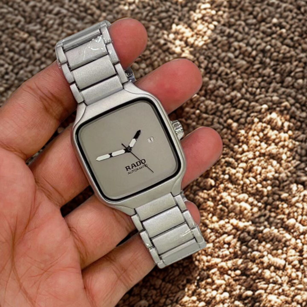 Rado Automatic Square Dial Watch – Premium Unisex Luxury Timepiece | Silver, Black & Gold