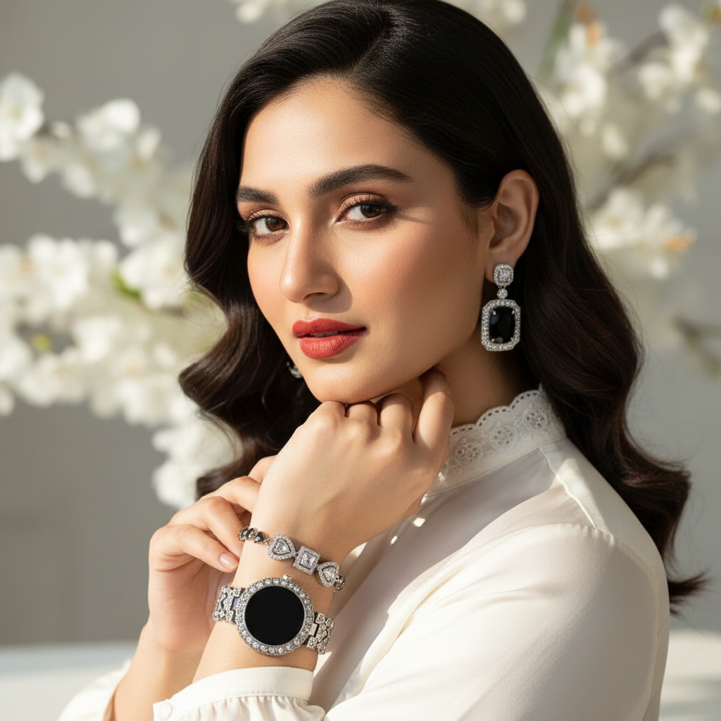Woman wearing silver black crystal watch and jewellery set