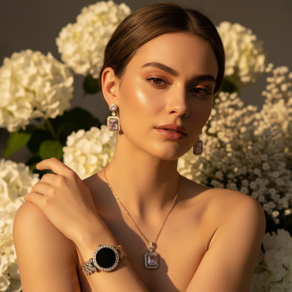 Woman wearing gold pink crystal watch and jewellery set